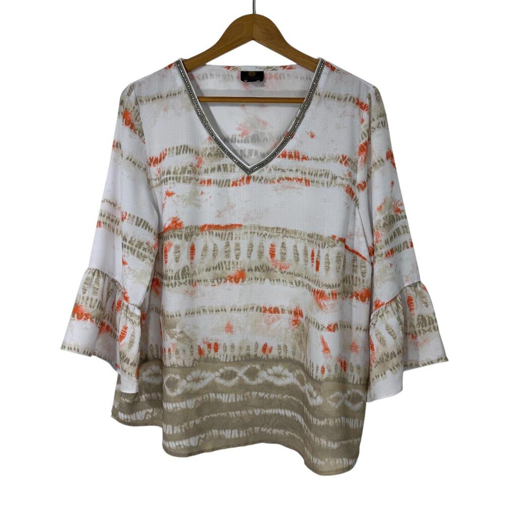 JM Collection Women’s Size Medium White Multi Printed Embellished Woven Blouse